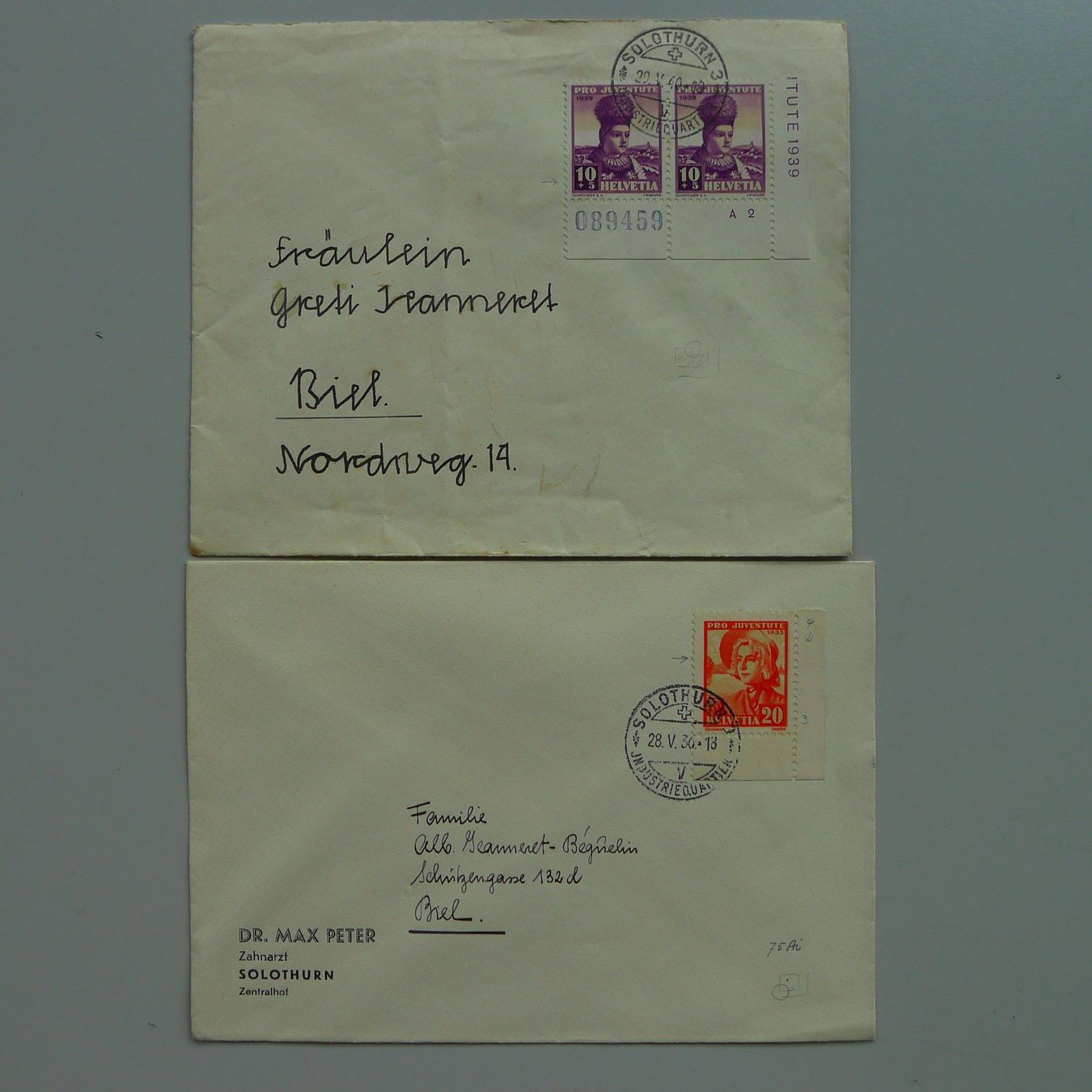 Tous les timbres: 1930-1957, 72 Briefe Pro Juventute mit Abarten v. SOLOTHURN. – D'occasion à Sursee par Luzernerraute 5