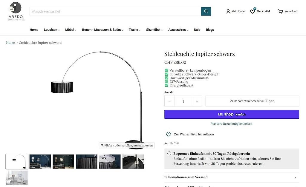 Lampade: Stehleuchte Jupiter schwarz – Nuovo e nell'imballaggio originale da Winterthur venduto da aredo 1