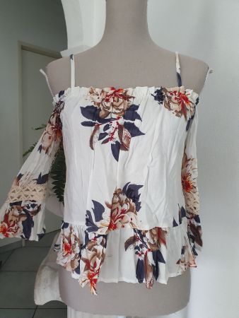 Blumengemusterte schulterfreie Bluse Gr S