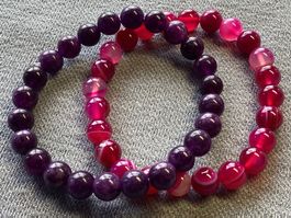 2 Edelstein Armbänder - Amethyst & Pink Stripe Agate (Achat)