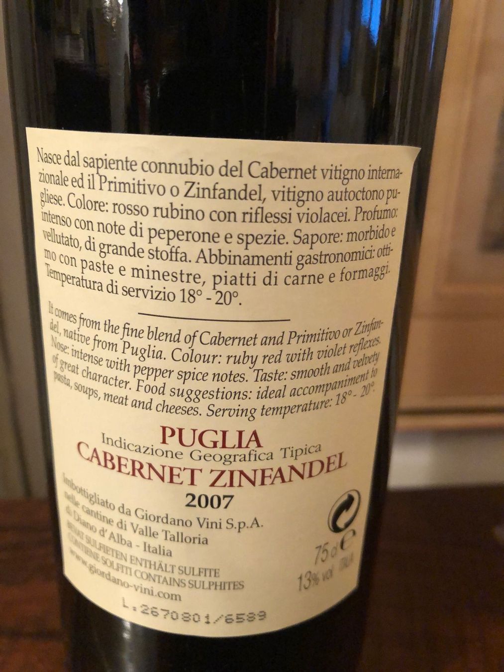 Vino: GIORDANO.Cabernet Zinfandel.Puglien.2007 – Nuovo e nell'imballaggio originale da Wald ZH venduto da mlnt 3