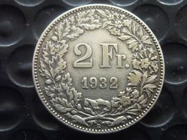 2 Fr.  1932 rar nur 0,25 Mio. Prägungen  -  Ungereinigt  -