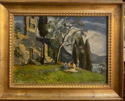 Dipinto olio su tavola, paesaggio con figure, Fossombrone