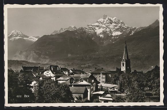 Cartes postales: AK Bex, Ort mit Kirche vor Bergpanorama – D'occasion à Berlin par bartko-reher