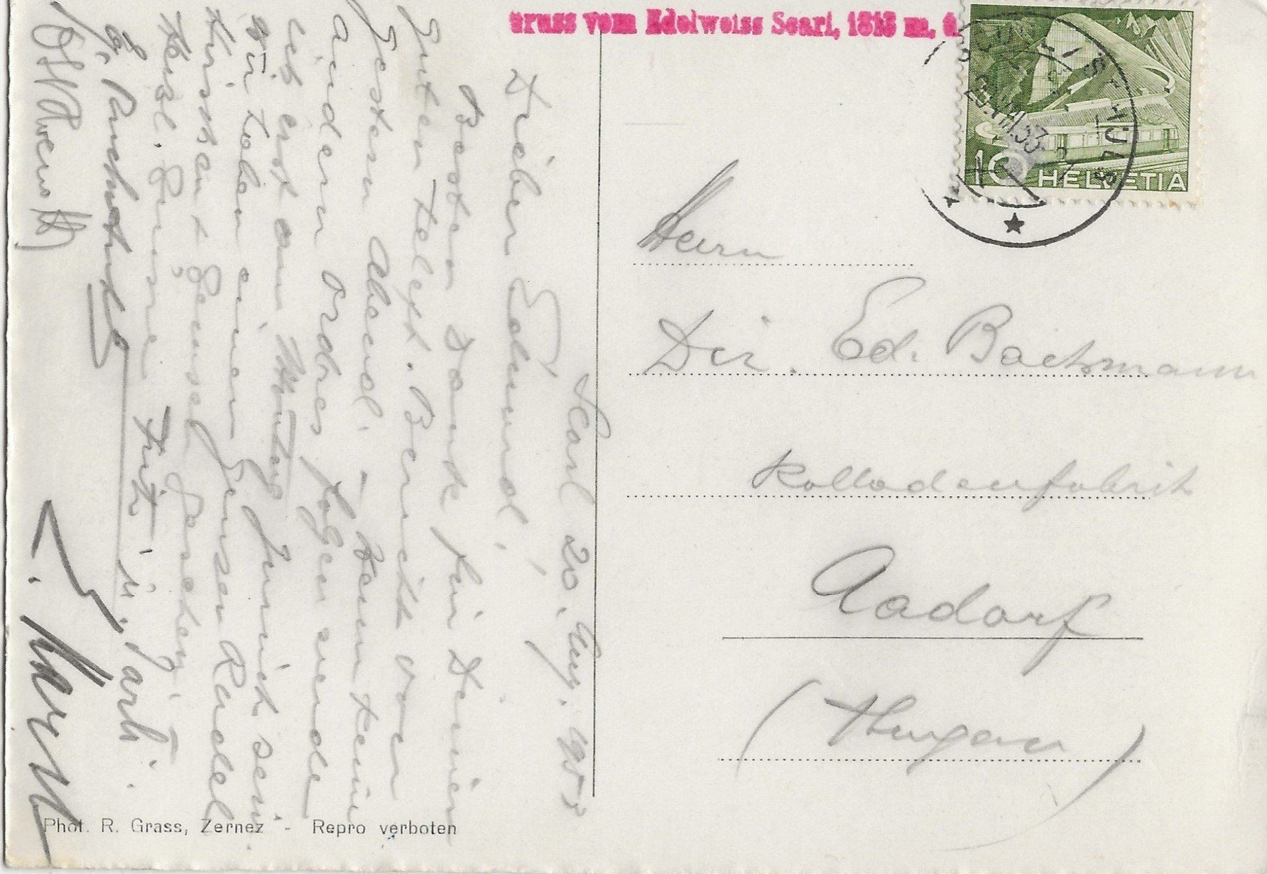 Cartoline postali: R. Grass, Zernez, Hirsch – Usato da Frauenfeld venduto da Merk52 1