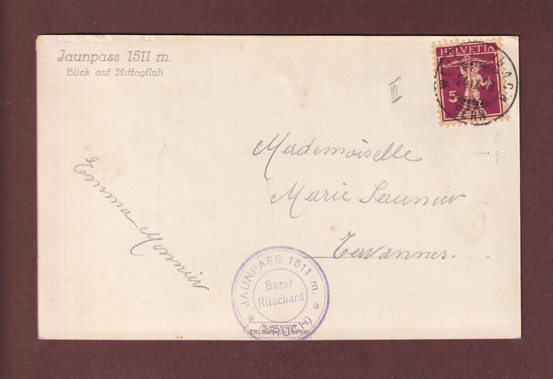 Cartoline postali: JAUNPASS - Mittagfluh - 1929 – Usato da Pully venduto da nicecards-shop 1