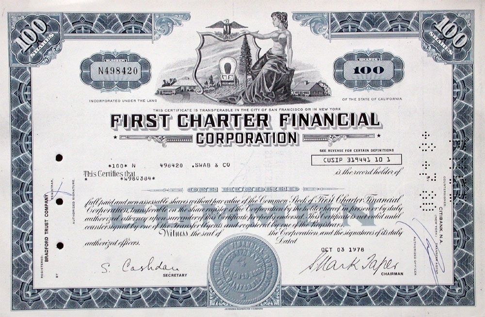 Documenti: First Charter Financial Corporation - 1979 – Usato da Solothurn venduto da Sgasche