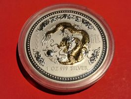 DRAGON 2012 LUNAR 2 1 UNZE OZ  SILBER 999 Drachen vergoldet