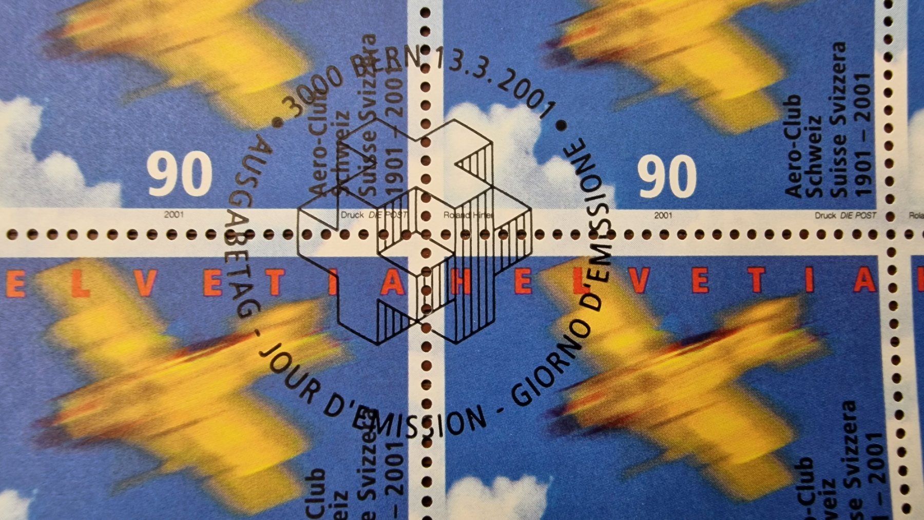 Tutti i francobolli: 2001 Aeroclub Schweiz - Kleinbogen Kat.Nr.1016 - ET + – Usato da Aesch LU venduto da briefmarken.uray 1