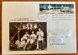 FDC Sonderbriefmarke 10 Jahre Amerika im Weltraum, 1971.