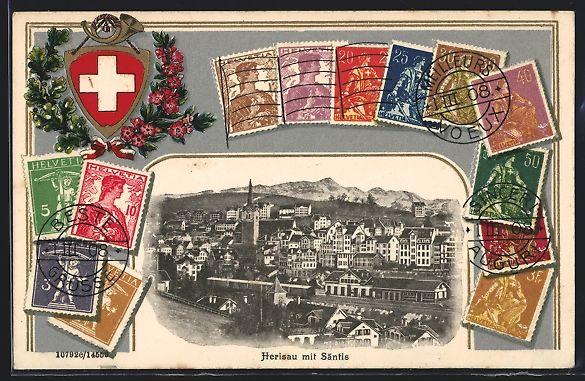 Cartoline postali: Präge-AK Herisau, Ortsansicht mit Sänt – Usato da Berlin venduto da bartko-reher