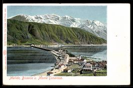 AK Melide, Ortsansicht mit Bissone und Monte Generoso