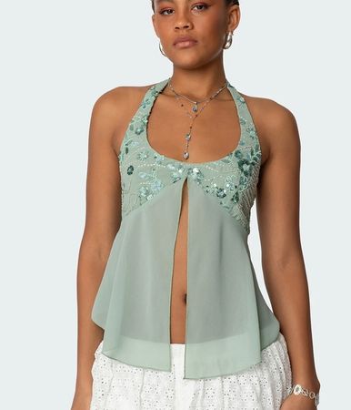 NEU EDIKTED SEQUIN CHIFFON SPLIT FRONT TOP Gr. S