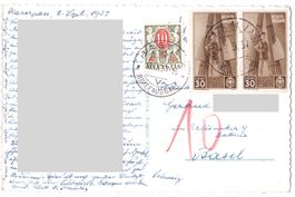 AK ab Bozen-I nach Basel, taxiert "10" 1937, Rot verschoben