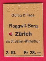KARTON BILLETT, ROGGWIL-BERG - ZÜRICH, 2.KLASSE EINFACH
