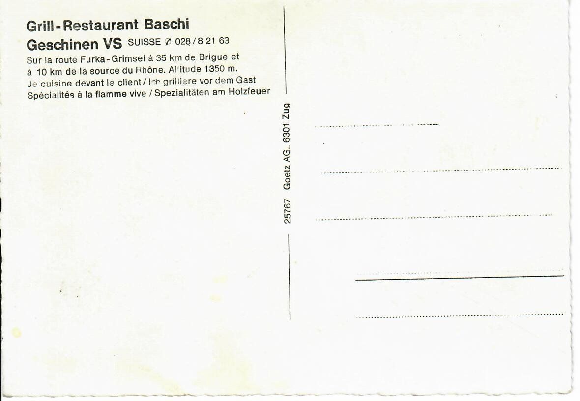 Cartoline postali: Geschinen VS - Grill Restaurant Baschi – Usato da Hochdorf venduto da Ziegel-16 1