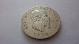 Silbermünze aus Italien : 5 Lira Emanuelle II. 1874, ss