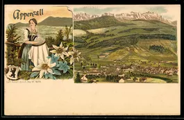Lithographie Appenzell, Trachtenfrau, Edelweiss und Ortsansi