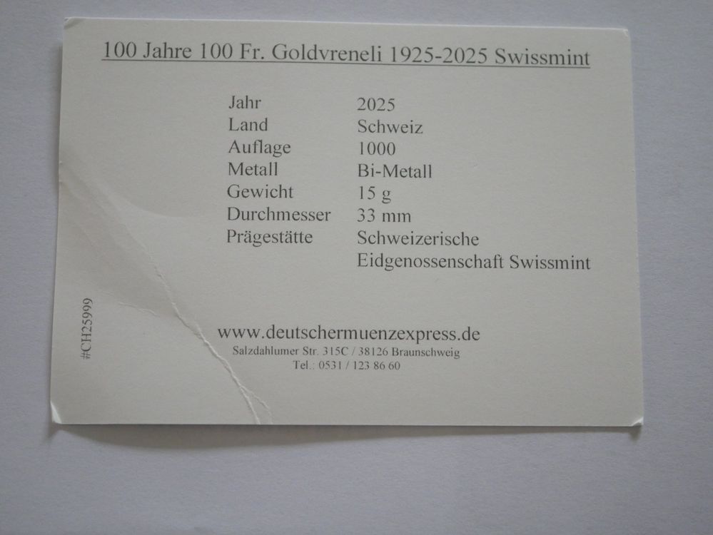 100 Jahre 100 Franken Goldvreneli 1925 2025 ***TOP*** (Neu und
