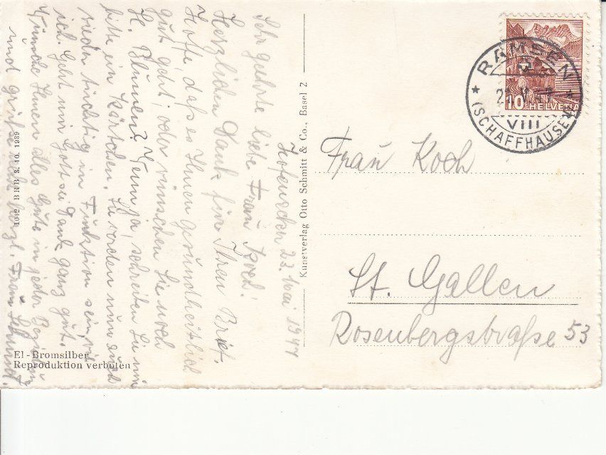 Cartoline postali: Schaffhausen 1947 – Usato da Bürglen TG venduto da StampGraf 1