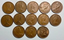13 Stück 2 New Pence Grossbritannien 10x1971, 2x1975, 1x1979