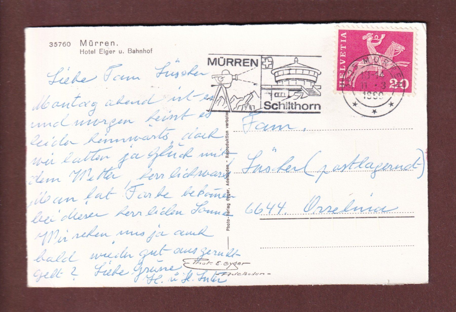 Cartoline postali: MÜRREN - Hotel Eiger - 1960 – Usato da Pully venduto da nicecards 1