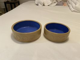 Hundenapf Keramik Set beige blau 2 Stk. guter Zustand