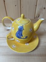 Teekanne mit Tasse Set gelb Katzenmotiv neuwertig