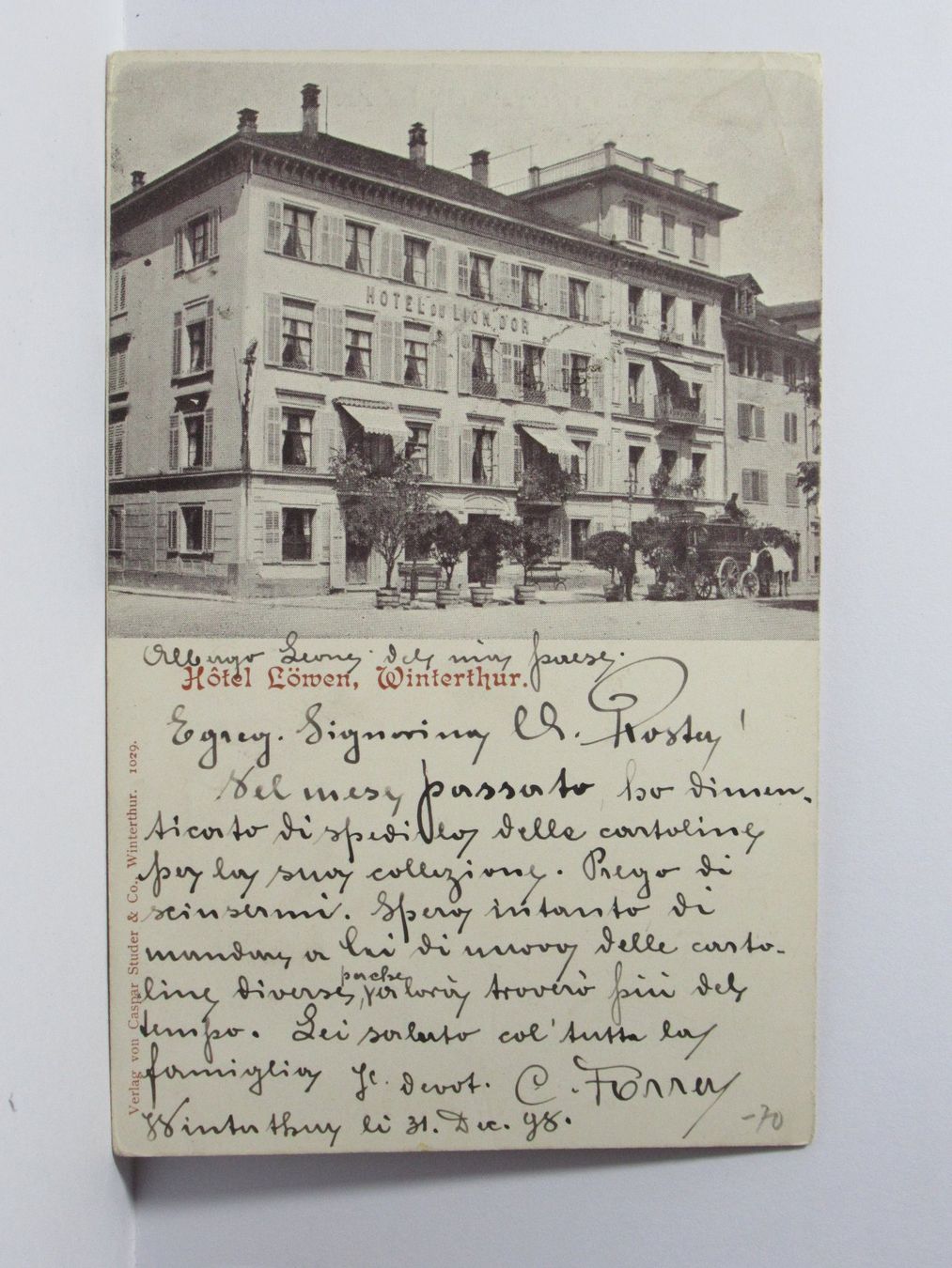Ansichtskarten: Winterthur , Hôtel Löwen 1898 – Gebraucht aus Grenchen von Bluemchen1900