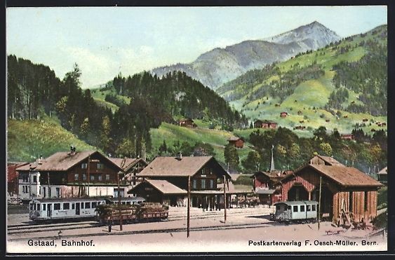 Cartoline postali: AK Gstaad, Blick zum Bahnhof, Eisenbahn – Usato da Berlin venduto da bartko-reher