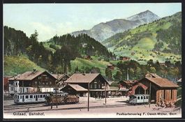 AK Gstaad, Blick zum Bahnhof, Eisenbahn