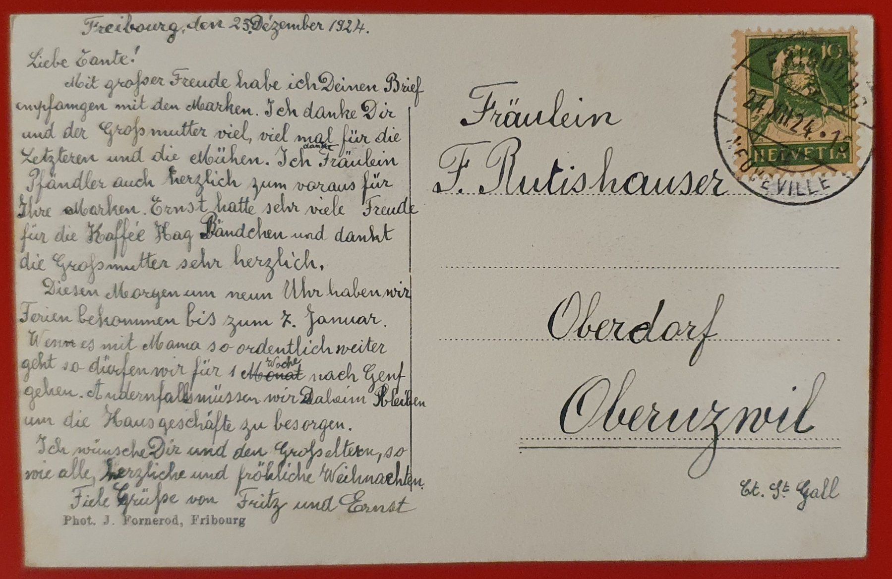 Cartoline postali: Fribourg 1924 - Protestantische Krippe – Usato da Kreuzlingen venduto da Rschweiz1 1