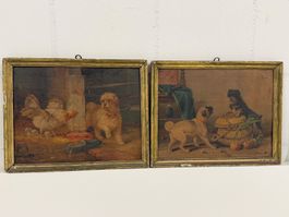 Paar Vintage-Hund- und Hühnerbilder gerahmt
