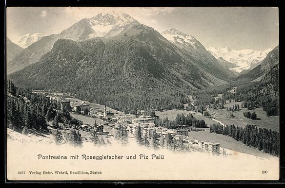 Cartoline postali: Pontresina, Ortsansicht mit Roseggletsch – Usato da Berlin venduto da bartko-reher