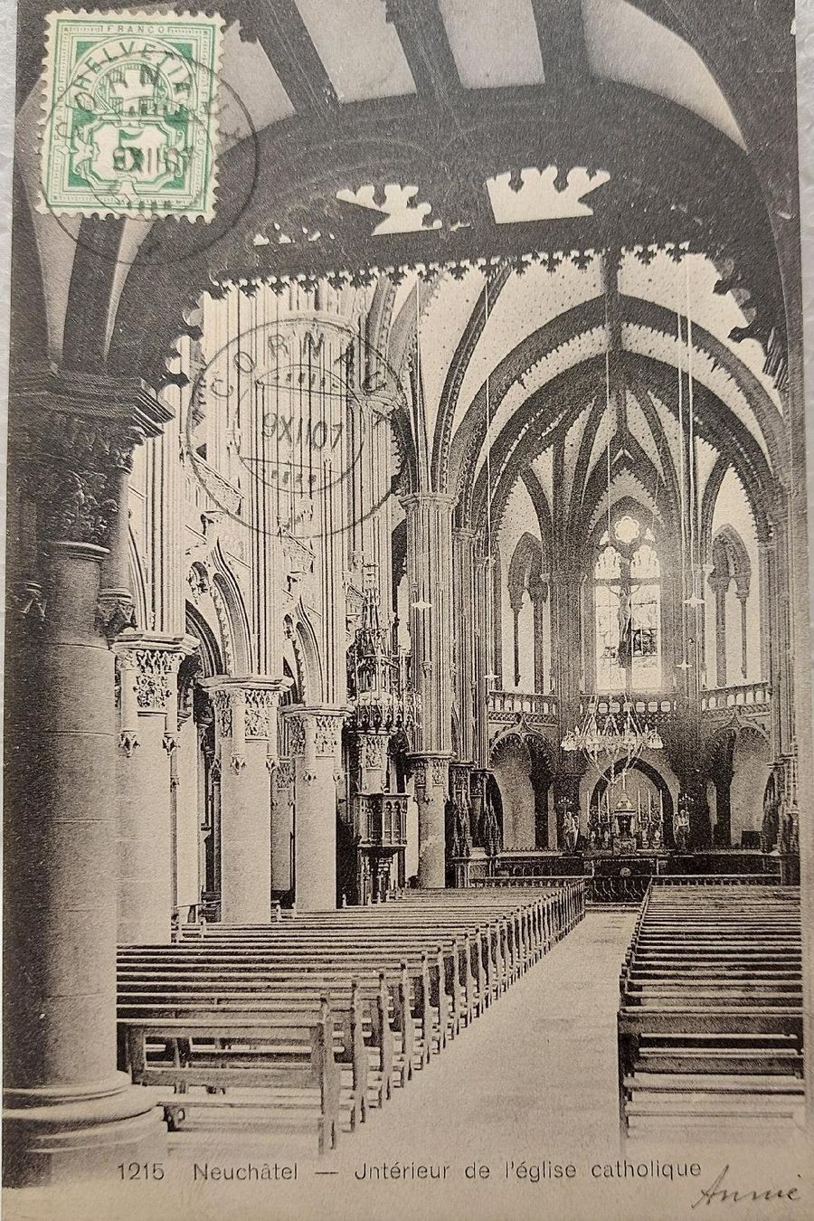 Ansichtskarten: NEUCHÂTEL - Intérieur de l'église catholique - 1907 – Gebraucht aus Delémont von Domdom1