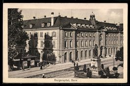 AK Bern, Straßenpartie am Bürgerspital mit Denkmal