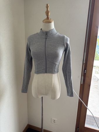 XS Grau Gerippter Cropped Zip-Up - Langarm