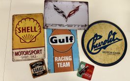 Oldtimer Blechschilder: Shell, Gulf, Corvette, Chevrolet, Co