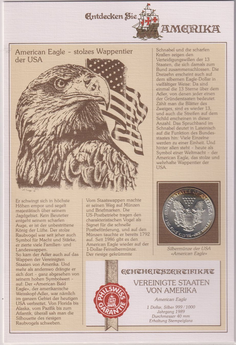 Tutti le monete: USA Silberdollar 1989 'Entdecken Sie Amerika' – Usato da Eschlikon TG venduto da PhilCon