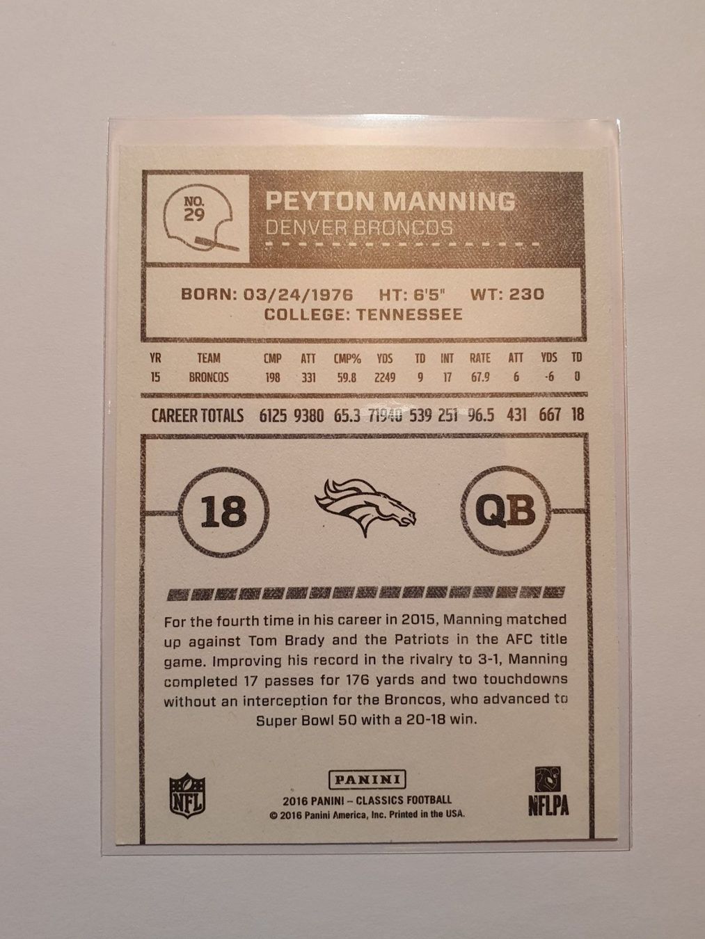 NFL Carte collezionabili: Peyton Manning 2016 Panini Classics NFL – Usato da Oberdorf BL venduto da BaldenEagle 1