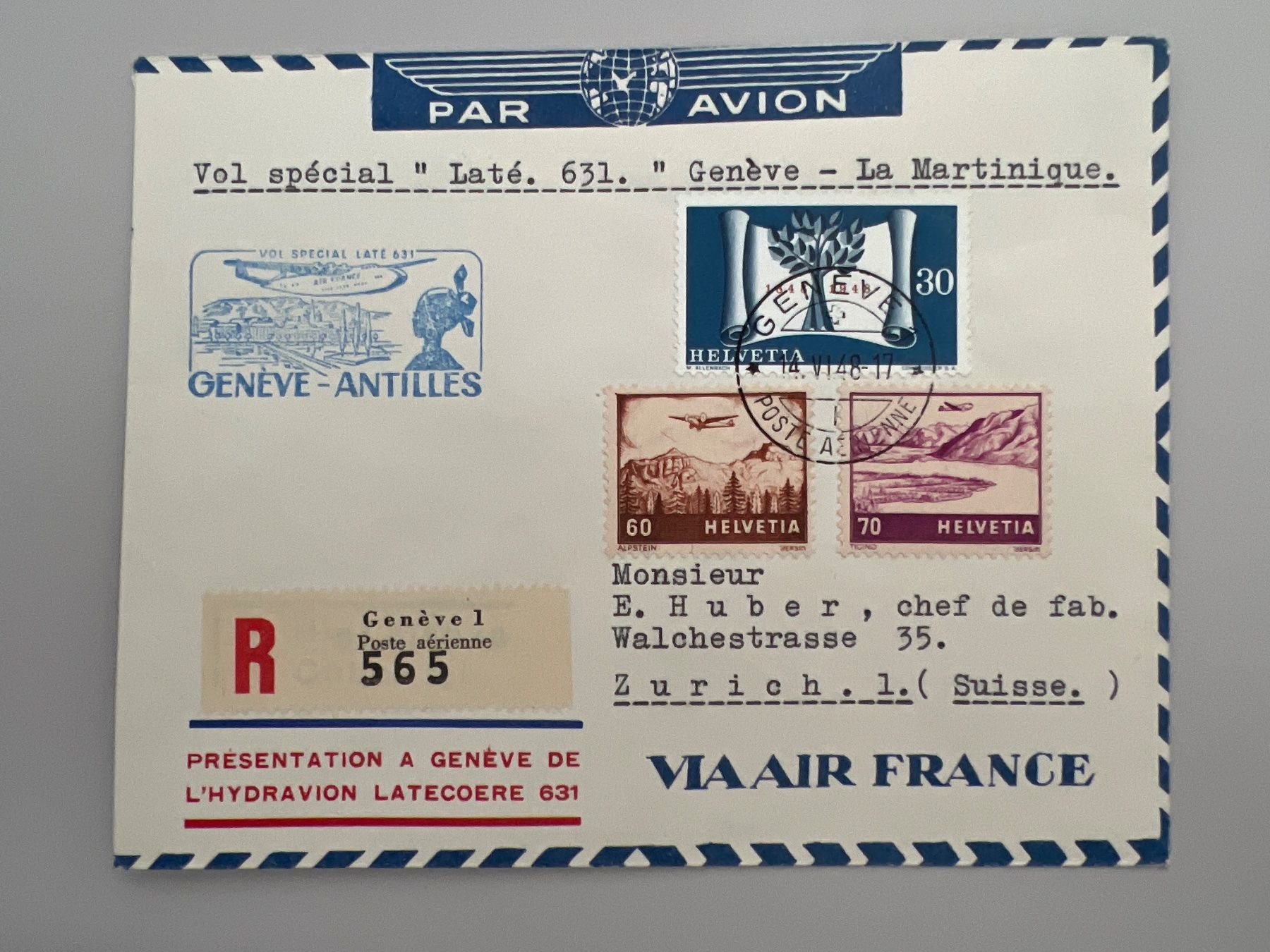 Tutti i francobolli: 1948 Sonderflug Genf-Antilles – Usato da Buchrain venduto da wmm