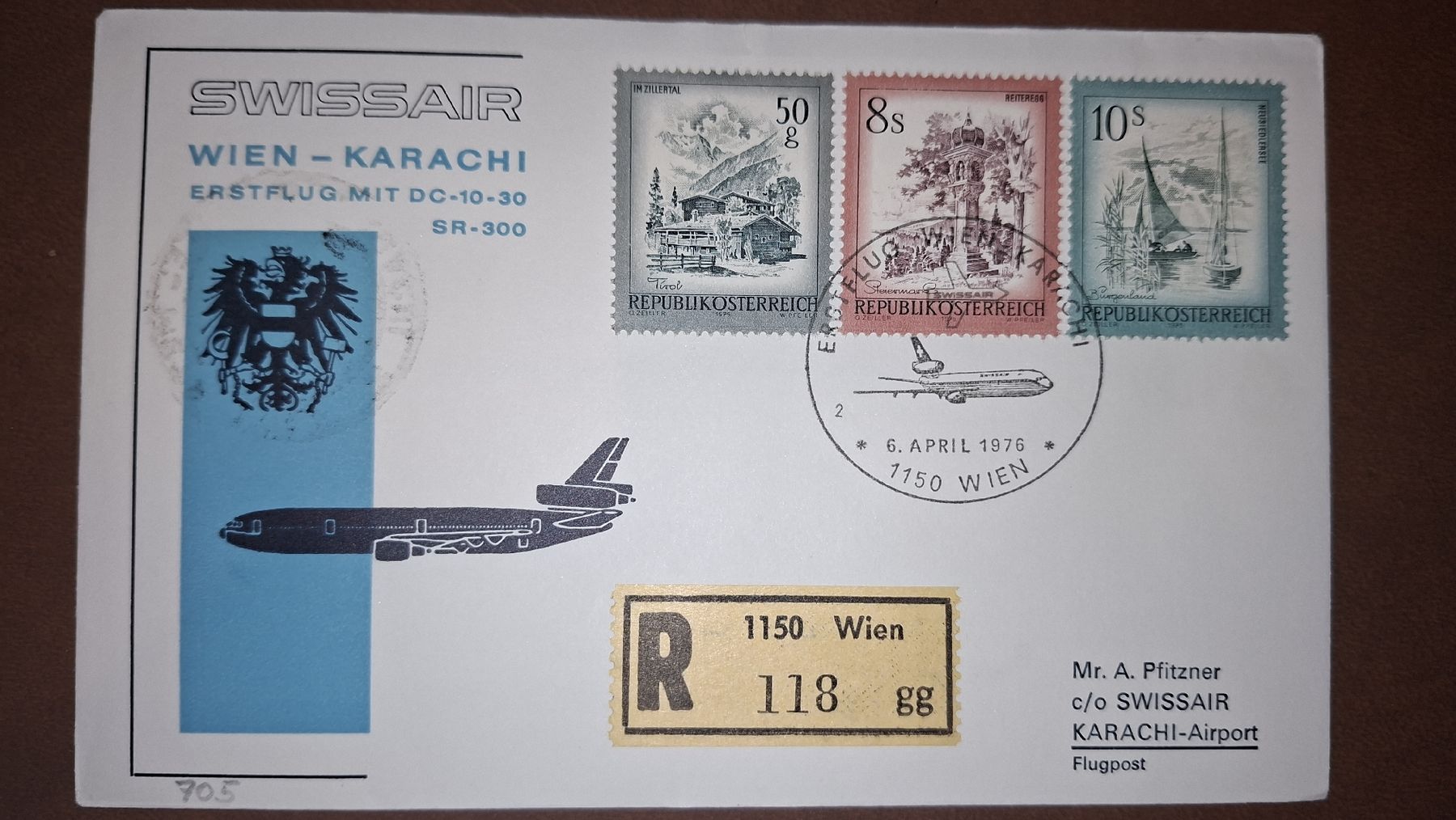 Alle Briefmarken: Swissair Wien - Karachi 06.04.1976 – Gebraucht aus Balgach von SIMEON27