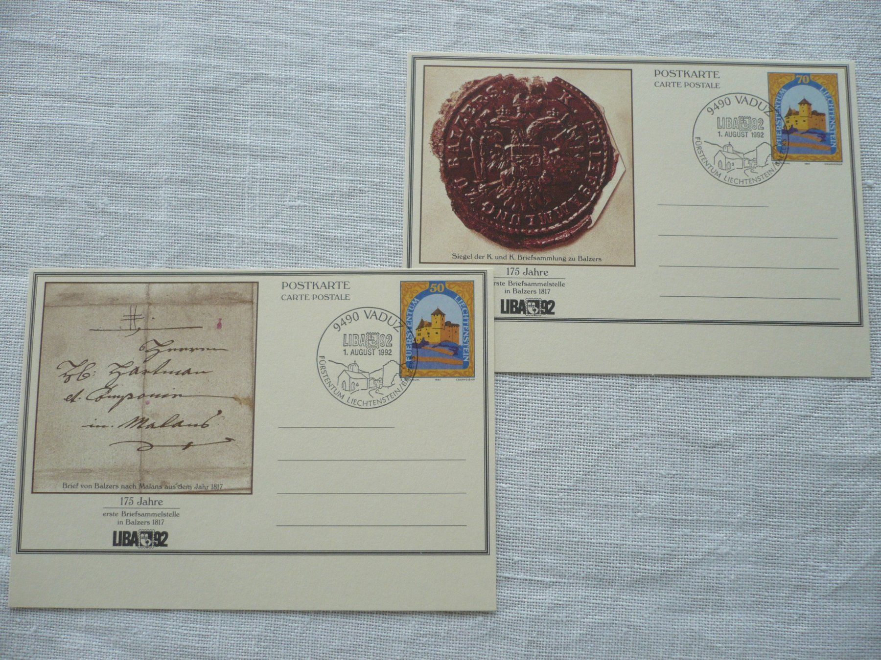 Alle Briefmarken: FL 1992 2 Postkarten zur "LIBA '92" LBK 88 - 89, ET-gest. – Gebraucht aus Zürich von saltandpepper008