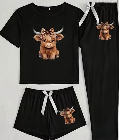 Schlafanzug-Pyjama-3-teilig-Highland-Kuh-super flauschig-Top