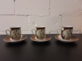 3er Set Espressotassen mit Untertellern, Vintage Look