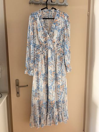 Kleid Blumenmuster Weiss Blau Grösse L