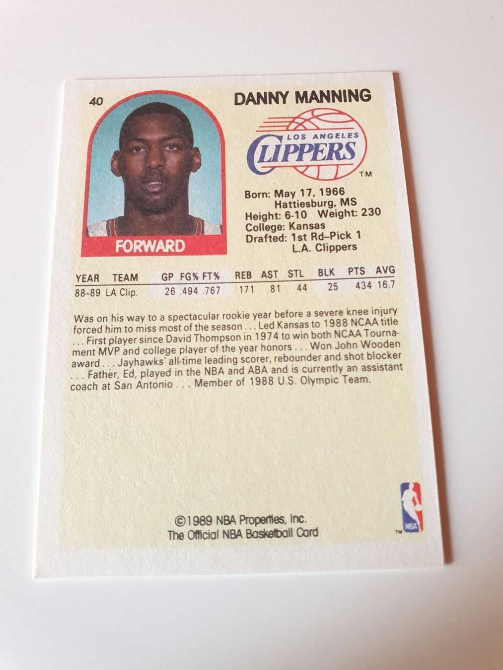 Nba Carte collezionabili: NBA Hoops Danny Manning Clippers 1989 – Usato da Oberdorf BL venduto da BaldenEagle 1