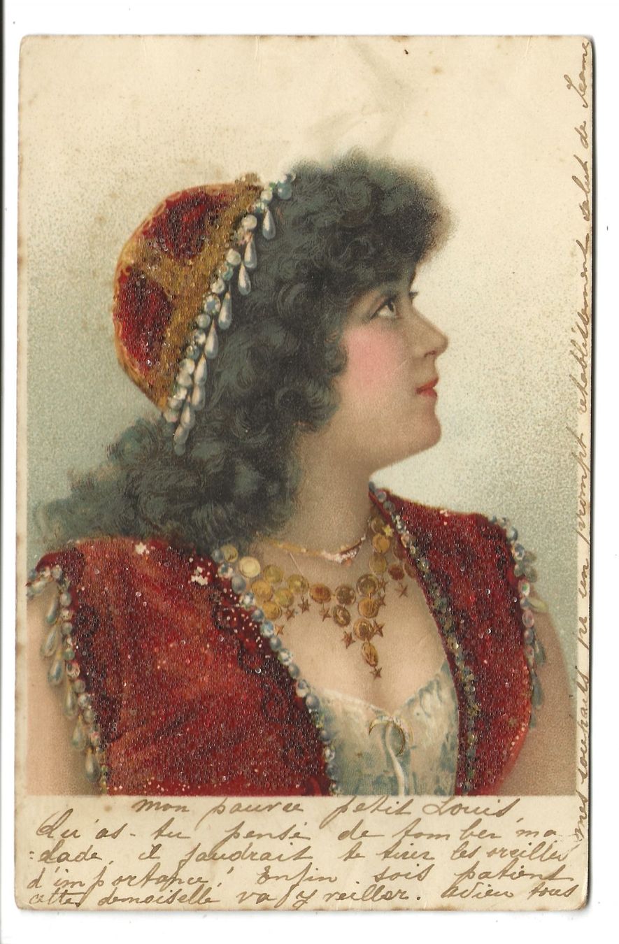 Cartoline postali: Junge Dame - Samt-Applikation - Mode - Litho - 1900 – Usato da Engelburg venduto da Cartophil