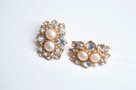 Vintage Ohrclips Paar Strass klar & Perlen goldfarben