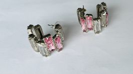 Boucles d'oreilles créoles roses et blanches crystaux